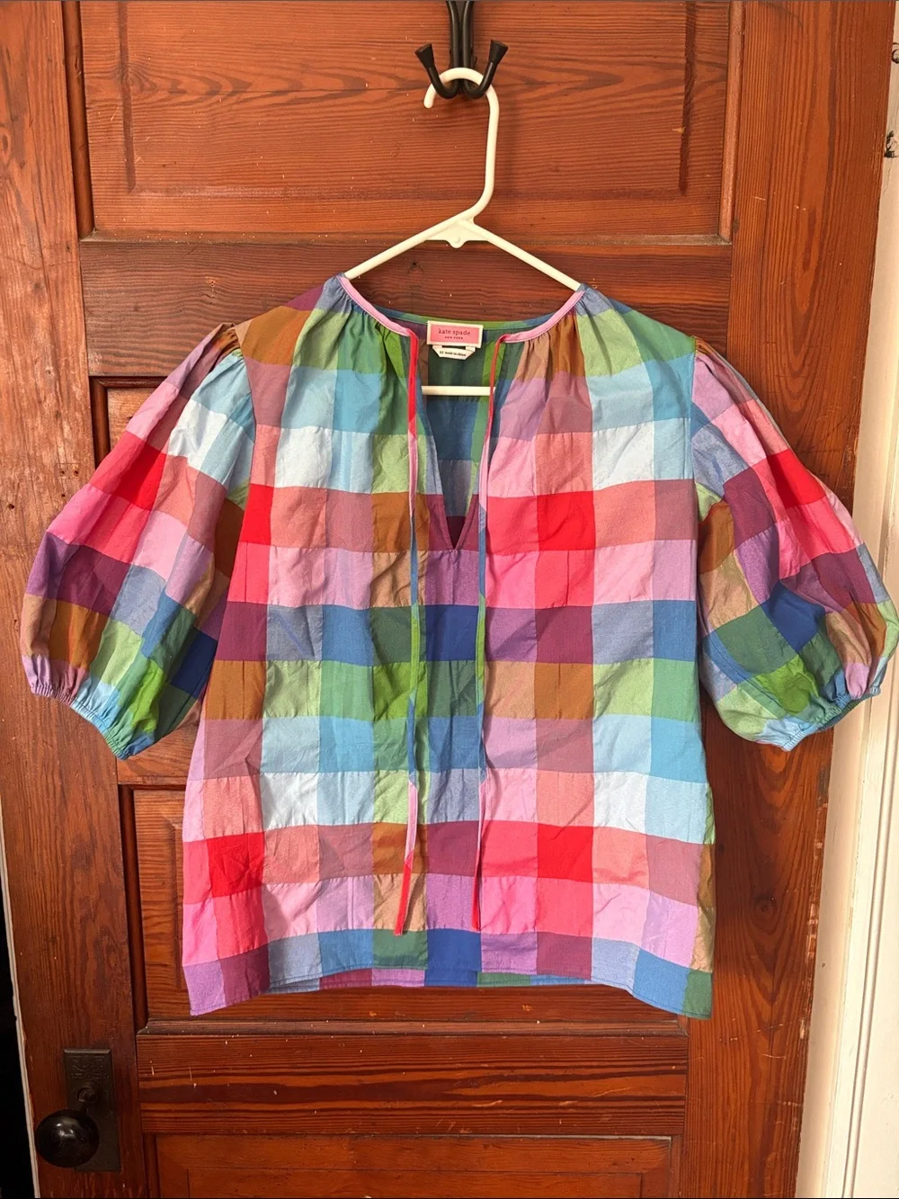 Kate Spade Madras Sleeve Puff Top Size XS